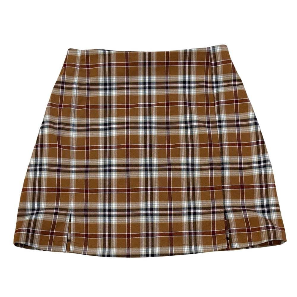John Galt Plaid Mini Skirt Womens XS Size 0 Preppy Y2K Cara Side Slit Brandy
